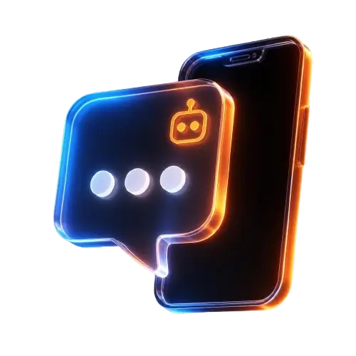 3D icon of a chat bubble with a bot face beside a smartphone, representing AI chatbot integration for business websites