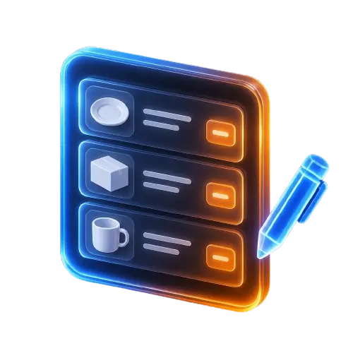 3D icon of an editable list with product and menu items and a pencil, representing a self-editable menu or product list feature.
