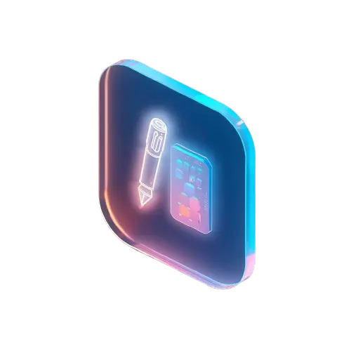 3D icon of a pen tool and color palette on a glowing glass panel, representing graphic design services"