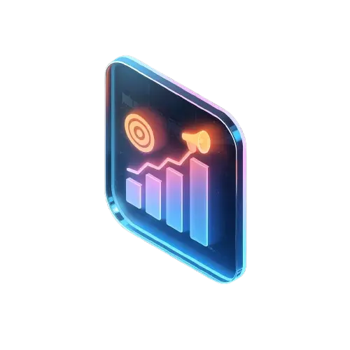 3D icon of a growth chart and target on a glowing glass panel, representing Facebook and Instagram ads management"