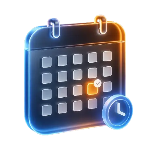 3D icon of a calendar with a highlighted date and clock, representing an online appointment booking system