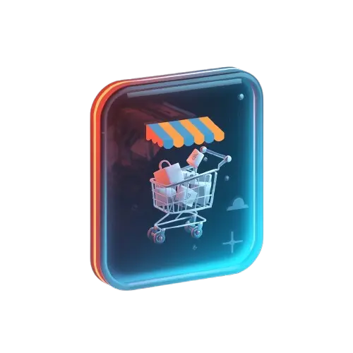 3D icon of a shopping cart with bags under a store awning, representing online store and e-commerce development services"