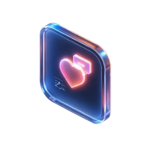 3D icon of a like heart and chat bubble with platform icons on a glowing glass panel, representing social media marketing services.