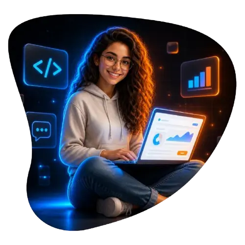 Illustration of a smiling web developer sitting cross-legged with a laptop, surrounded by icons for code, chat, and analytics, representing Nordic Digital's web development services"